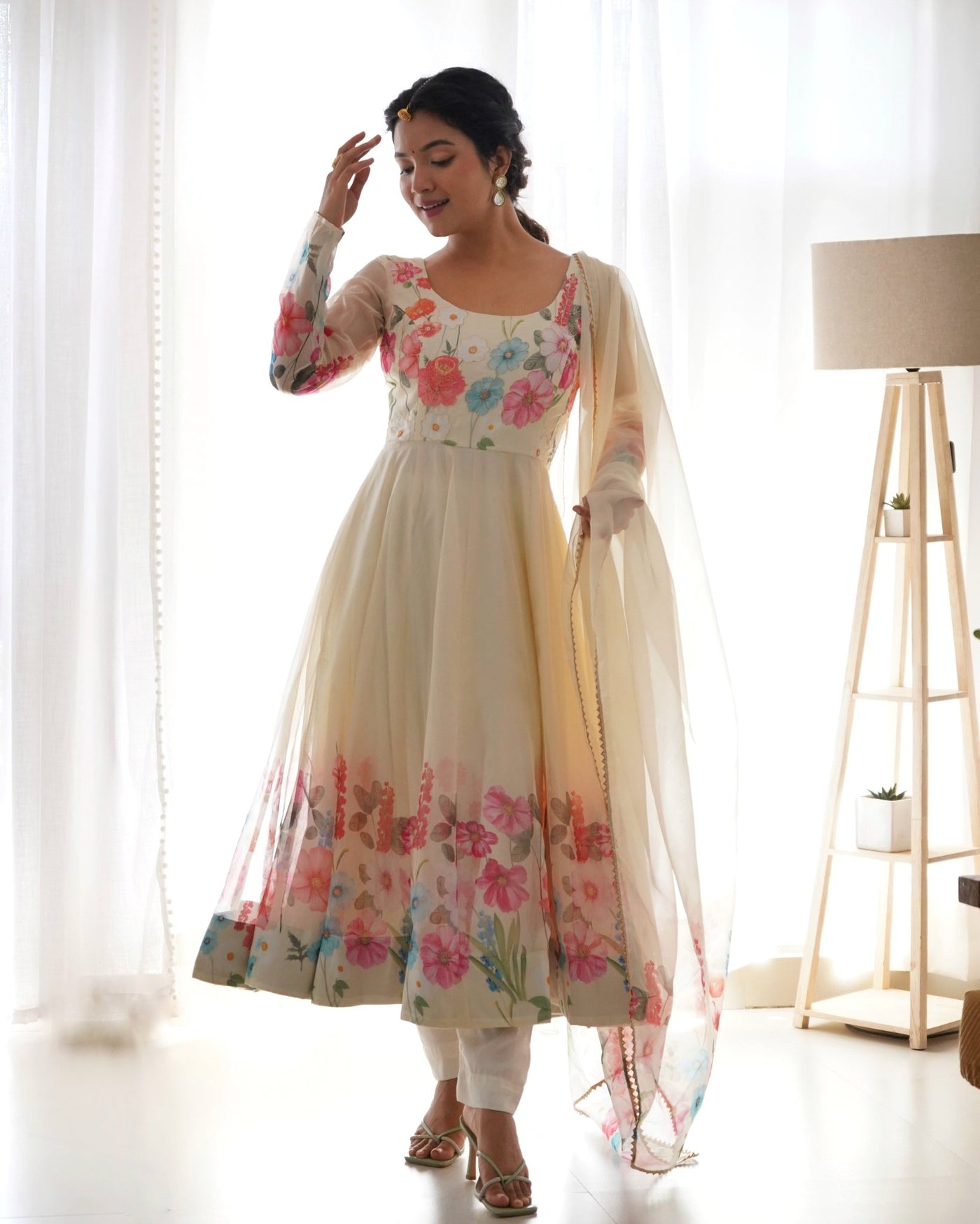 Digitally Printed & Embroidered Yoke Pure Organza Anarkali Suit With Huge Flair Comes With Duppatta - Almaari Fashion