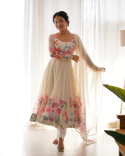 Digitally Printed & Embroidered Yoke Pure Organza Anarkali Suit With Huge Flair Comes With Duppatta - Almaari Fashion