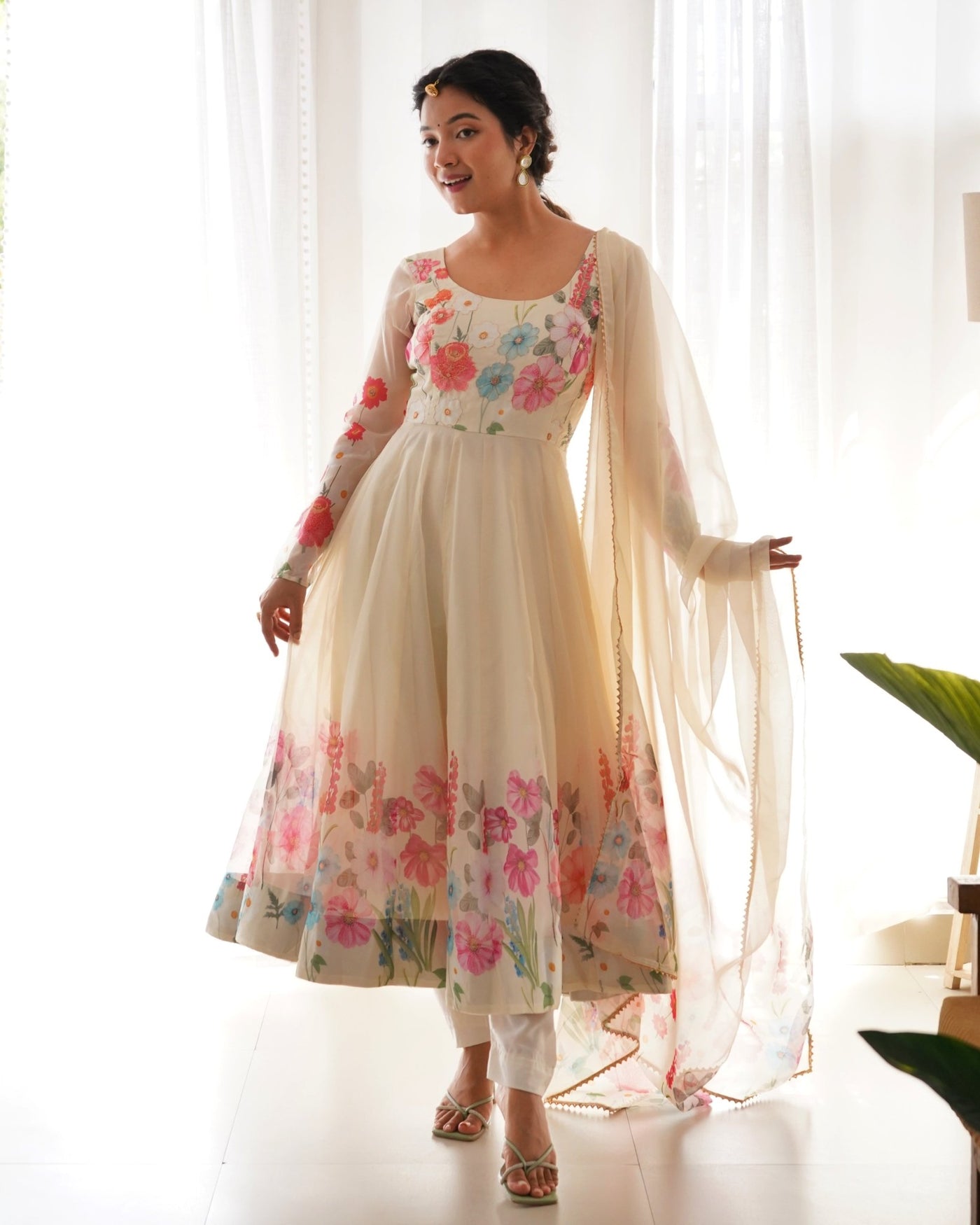 Digitally Printed & Embroidered Yoke Pure Organza Anarkali Suit With Huge Flair Comes With Duppatta - Almaari Fashion