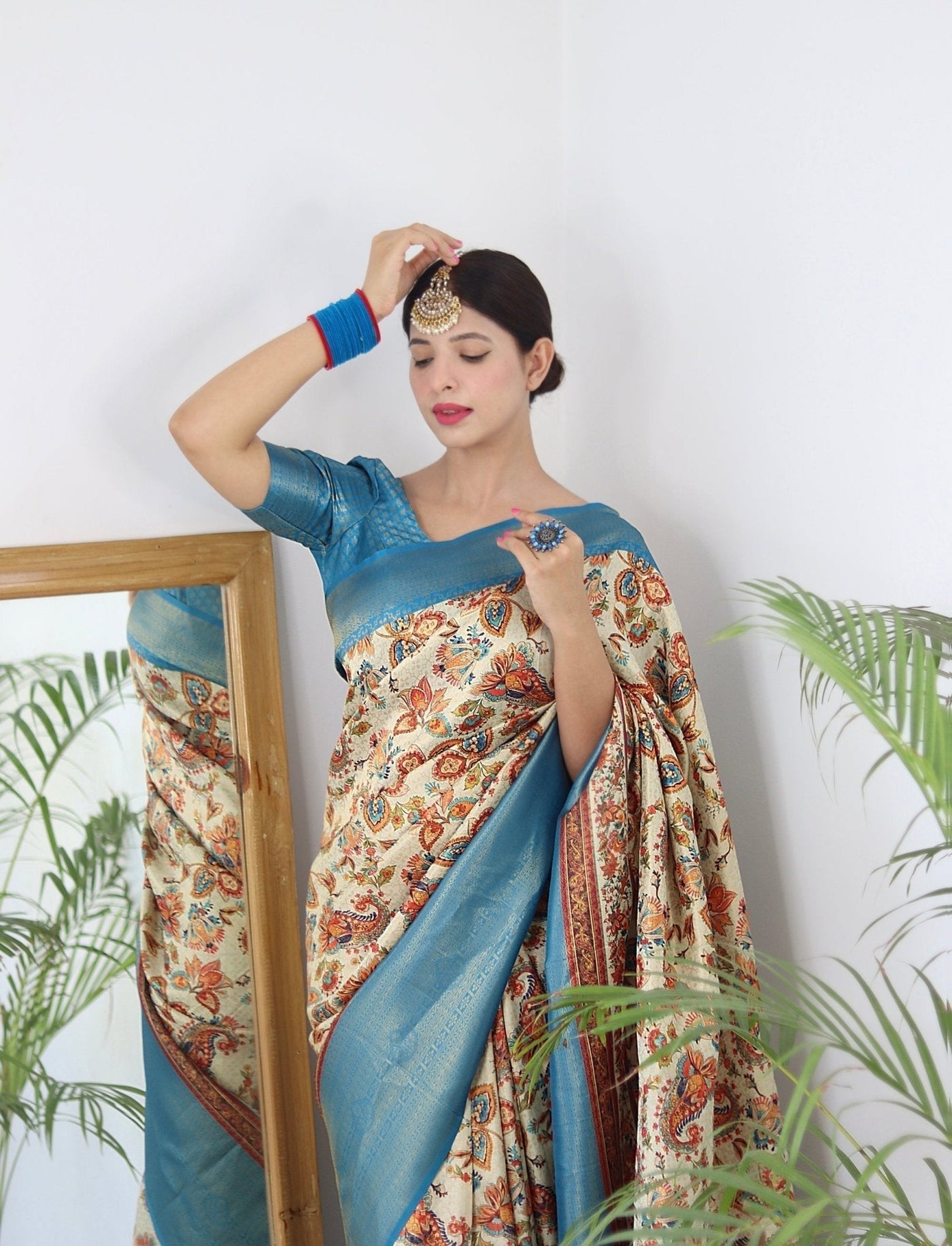 Digitally Printed Kuber Pattu Silk Saree, Exuding Regal Charm With Its Rich Pallu And Intricate Brocade Blouse, Elegantly Adorned With Enchanting Tassels On The Saree's Edge. - Almaari Fashion