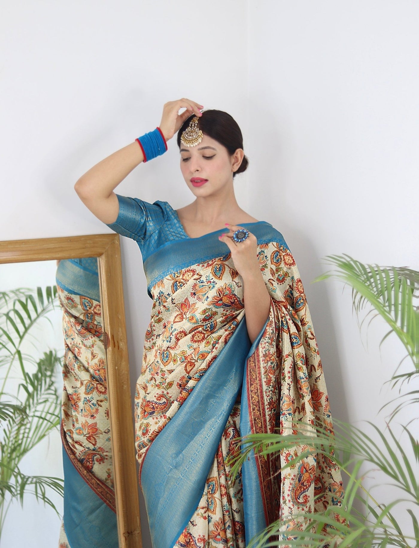 Digitally Printed Kuber Pattu Silk Saree, Exuding Regal Charm With Its Rich Pallu And Intricate Brocade Blouse, Elegantly Adorned With Enchanting Tassels On The Saree's Edge. - Almaari Fashion