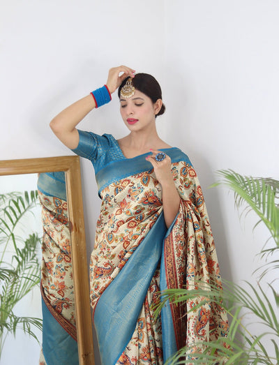 Digitally Printed Kuber Pattu Silk Saree, Exuding Regal Charm With Its Rich Pallu And Intricate Brocade Blouse, Elegantly Adorned With Enchanting Tassels On The Saree's Edge. - Almaari Fashion