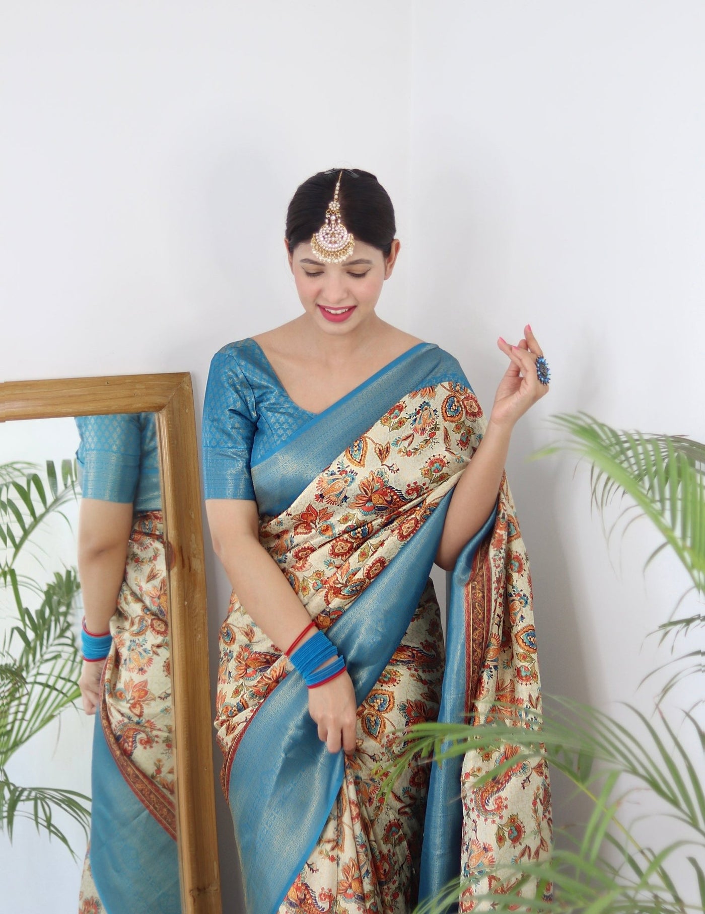 Digitally Printed Kuber Pattu Silk Saree, Exuding Regal Charm With Its Rich Pallu And Intricate Brocade Blouse, Elegantly Adorned With Enchanting Tassels On The Saree's Edge. - Almaari Fashion