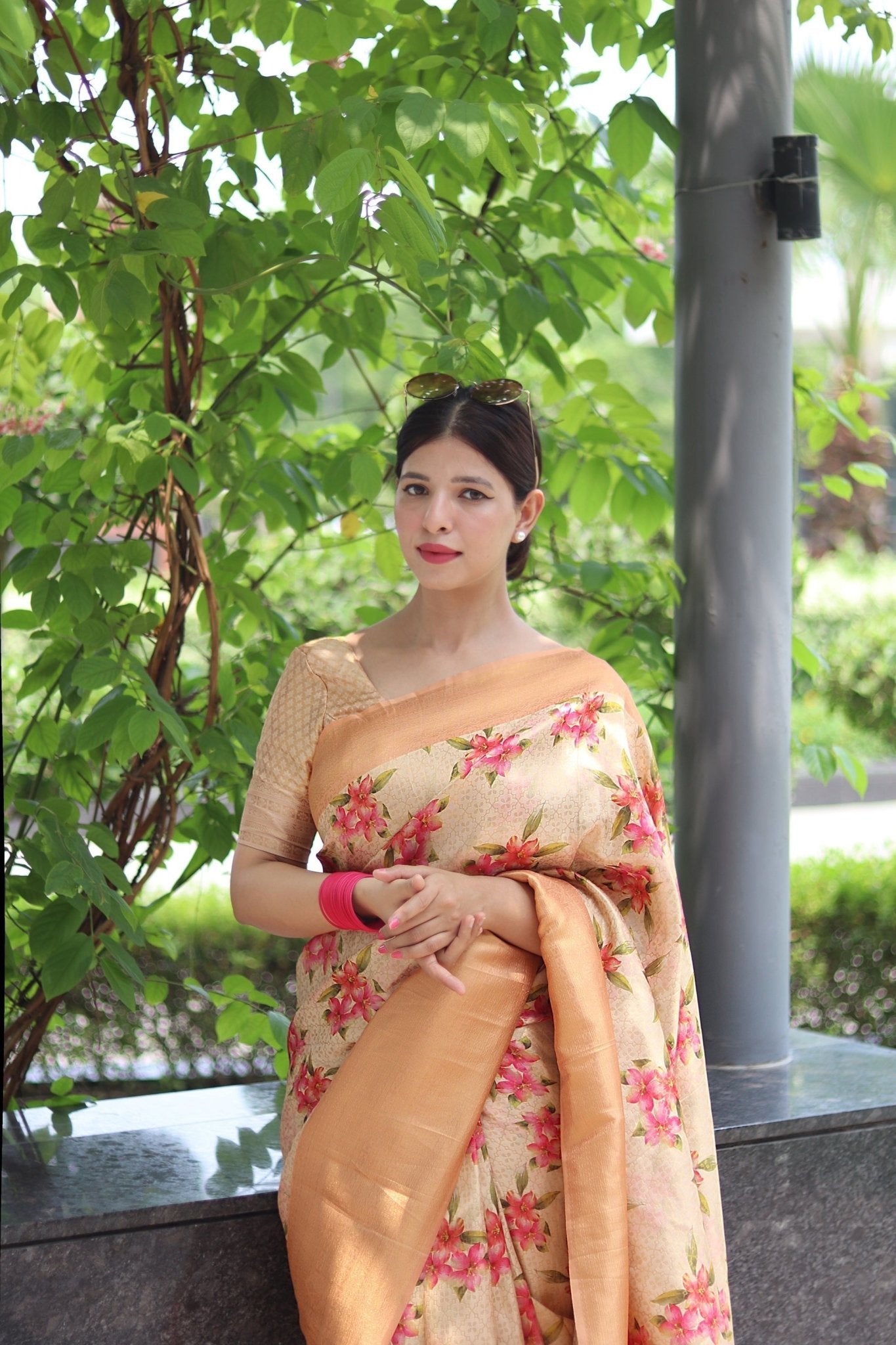 Digitally Printed Kuber Pattu Silk Saree, Exuding Regal Charm With Its Rich Pallu And Intricate Brocade Blouse, Elegantly Adorned With Enchanting Tassels On The Saree's Edge. - Almaari Fashion