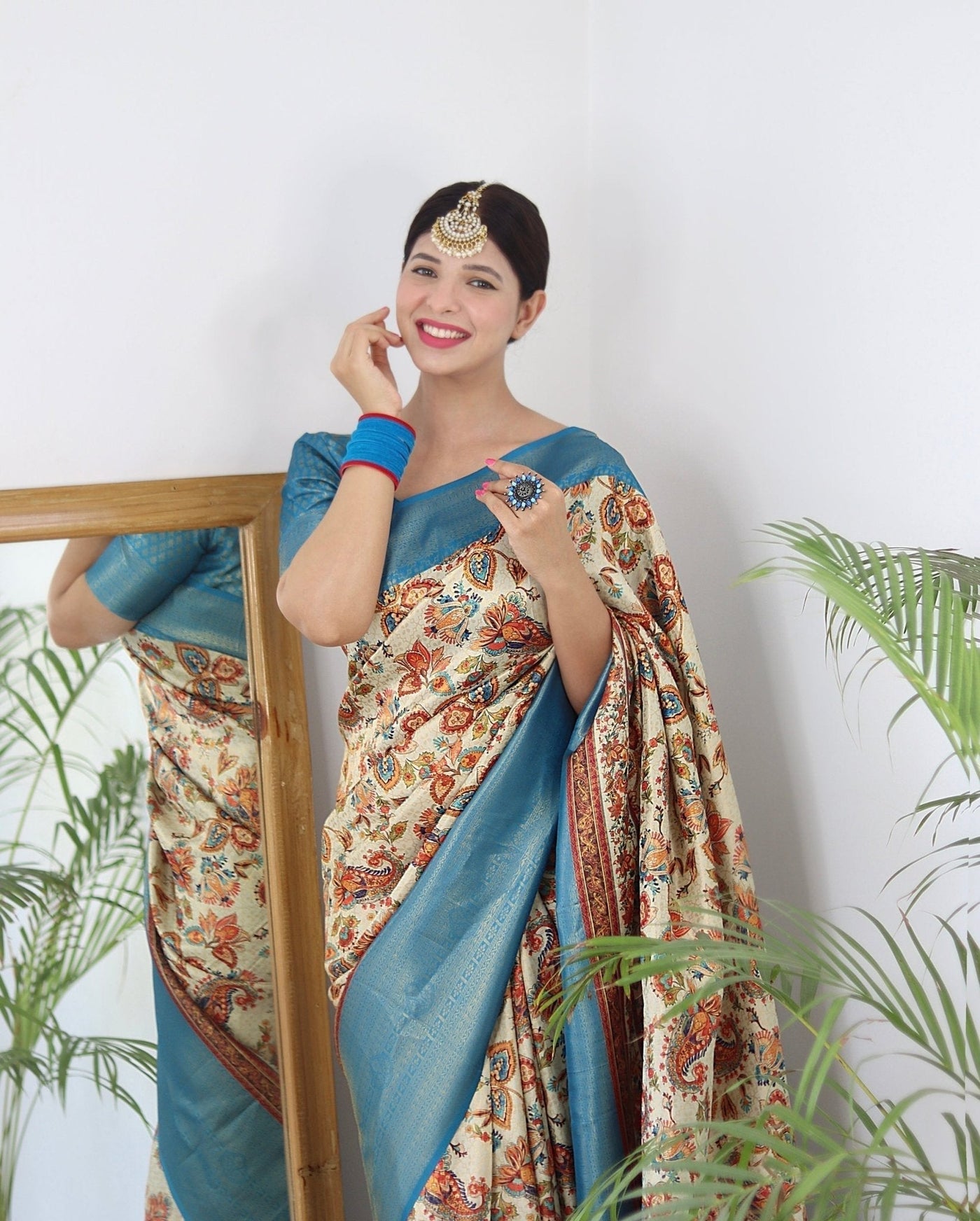 Digitally Printed Kuber Pattu Silk Saree, Exuding Regal Charm With Its Rich Pallu And Intricate Brocade Blouse, Elegantly Adorned With Enchanting Tassels On The Saree's Edge. - Almaari Fashion