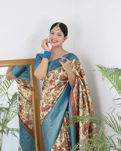 Digitally Printed Kuber Pattu Silk Saree, Exuding Regal Charm With Its Rich Pallu And Intricate Brocade Blouse, Elegantly Adorned With Enchanting Tassels On The Saree's Edge. - Almaari Fashion