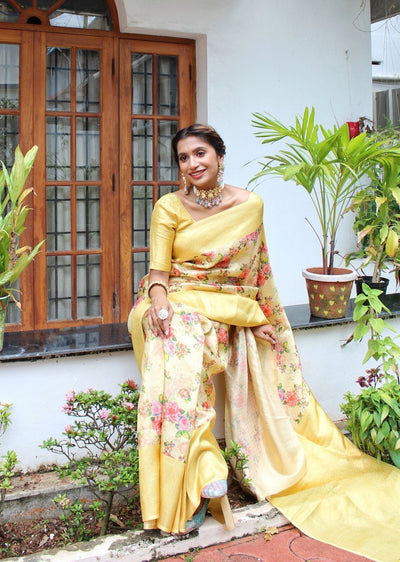 Digitally Printed Kuber Pattu Silk Saree, Exuding Regal Charm With Its Rich Pallu And Intricate Brocade Blouse, Elegantly Adorned With Enchanting Tassels On The Saree's Edge. - Almaari Fashion