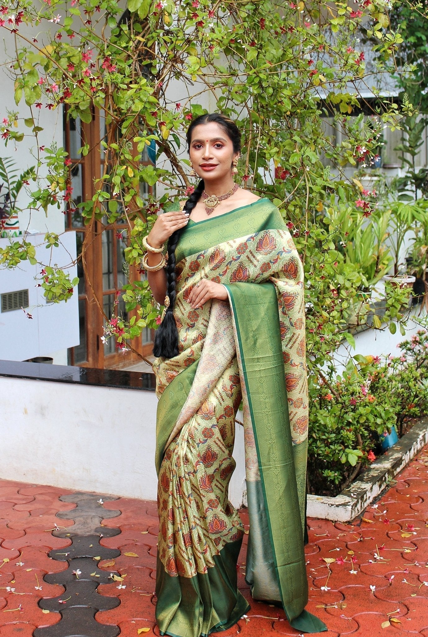 Digitally Printed Kuber Pattu Silk Saree, Exuding Regal Charm With Its Rich Pallu And Intricate Brocade Blouse, Elegantly Adorned With Enchanting Tassels On The Saree's Edge. - Almaari Fashion