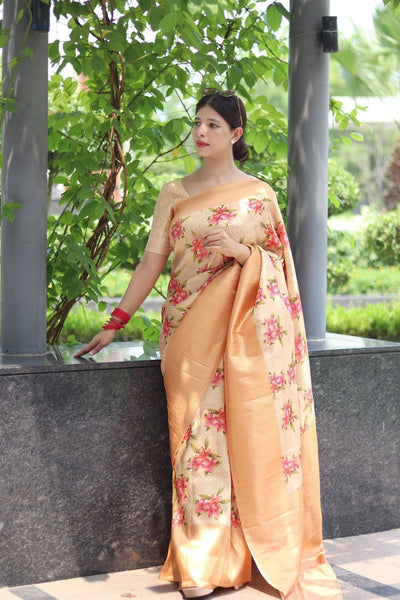 Digitally Printed Kuber Pattu Silk Saree, Exuding Regal Charm With Its Rich Pallu And Intricate Brocade Blouse, Elegantly Adorned With Enchanting Tassels On The Saree's Edge. - Almaari Fashion