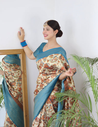 Digitally Printed Kuber Pattu Silk Saree, Exuding Regal Charm With Its Rich Pallu And Intricate Brocade Blouse, Elegantly Adorned With Enchanting Tassels On The Saree's Edge. - Almaari Fashion