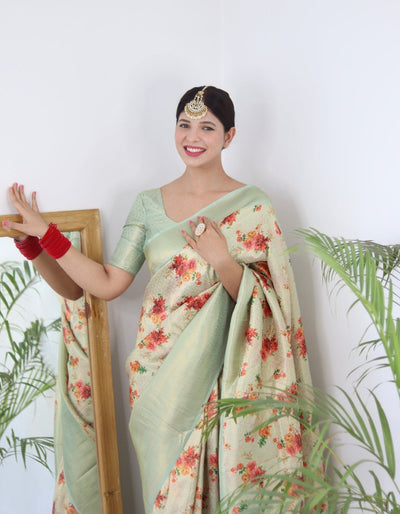 Digitally Printed Kuber Pattu Silk Saree, Exuding Regal Charm With Its Rich Pallu And Intricate Brocade Blouse, Elegantly Adorned With Enchanting Tassels On The Saree's Edge. - Almaari Fashion