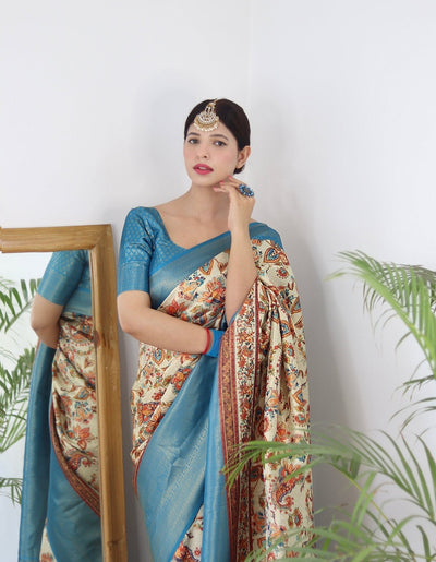 Digitally Printed Kuber Pattu Silk Saree, Exuding Regal Charm With Its Rich Pallu And Intricate Brocade Blouse, Elegantly Adorned With Enchanting Tassels On The Saree's Edge. - Almaari Fashion