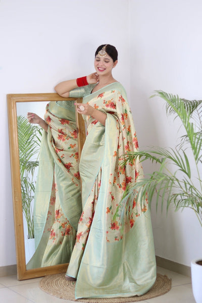 Digitally Printed Kuber Pattu Silk Saree, Exuding Regal Charm With Its Rich Pallu And Intricate Brocade Blouse, Elegantly Adorned With Enchanting Tassels On The Saree's Edge. - Almaari Fashion