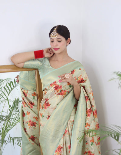 Digitally Printed Kuber Pattu Silk Saree, Exuding Regal Charm With Its Rich Pallu And Intricate Brocade Blouse, Elegantly Adorned With Enchanting Tassels On The Saree's Edge. - Almaari Fashion