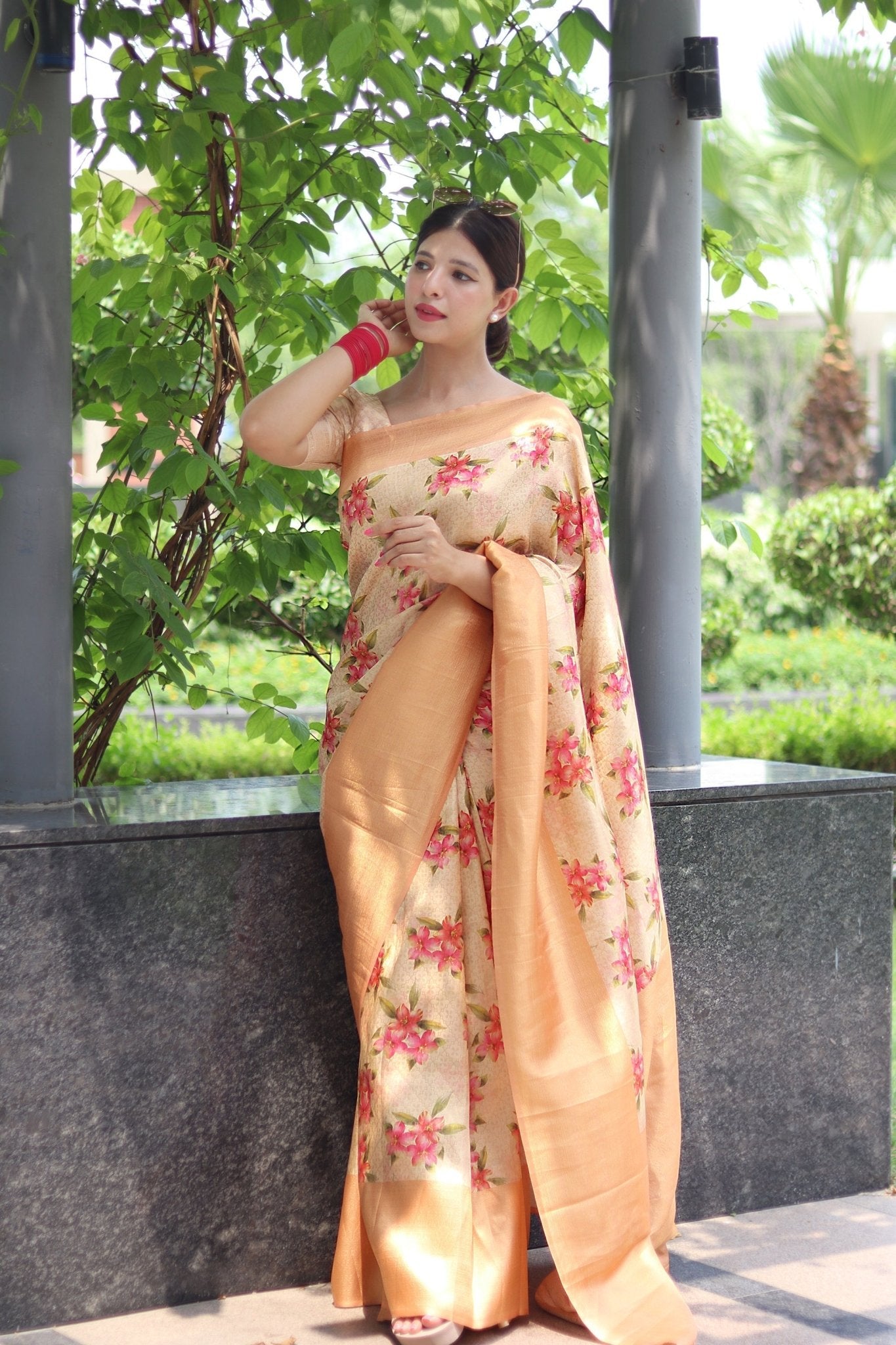 Digitally Printed Kuber Pattu Silk Saree, Exuding Regal Charm With Its Rich Pallu And Intricate Brocade Blouse, Elegantly Adorned With Enchanting Tassels On The Saree's Edge. - Almaari Fashion