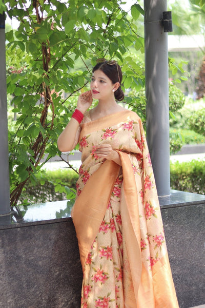 Digitally Printed Kuber Pattu Silk Saree, Exuding Regal Charm With Its Rich Pallu And Intricate Brocade Blouse, Elegantly Adorned With Enchanting Tassels On The Saree's Edge. - Almaari Fashion