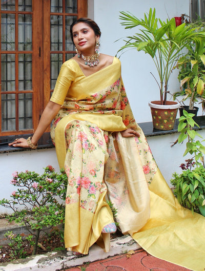 Digitally Printed Kuber Pattu Silk Saree, Exuding Regal Charm With Its Rich Pallu And Intricate Brocade Blouse, Elegantly Adorned With Enchanting Tassels On The Saree's Edge. - Almaari Fashion