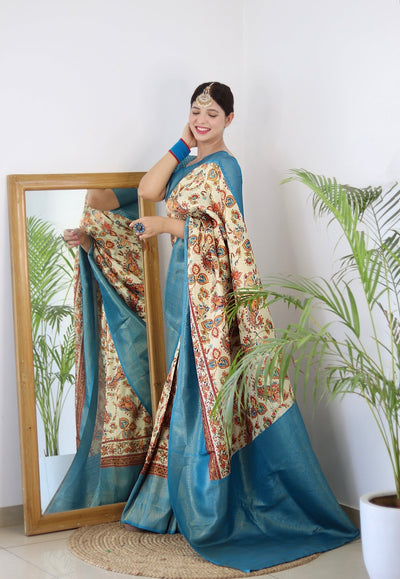 Digitally Printed Kuber Pattu Silk Saree, Exuding Regal Charm With Its Rich Pallu And Intricate Brocade Blouse, Elegantly Adorned With Enchanting Tassels On The Saree's Edge. - Almaari Fashion