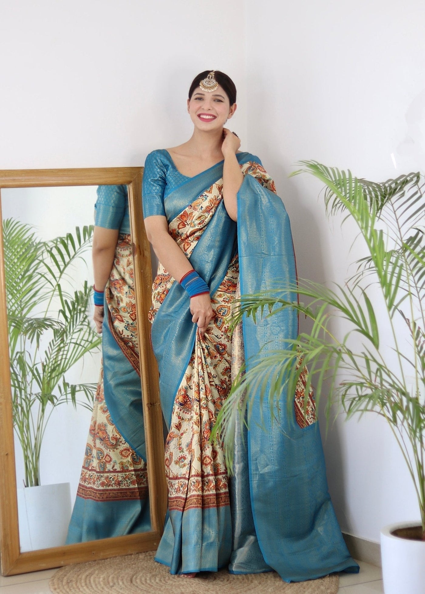 Digitally Printed Kuber Pattu Silk Saree, Exuding Regal Charm With Its Rich Pallu And Intricate Brocade Blouse, Elegantly Adorned With Enchanting Tassels On The Saree's Edge. - Almaari Fashion