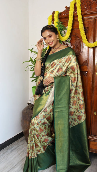 Digitally Printed Kuber Pattu Silk Saree, Exuding Regal Charm With Its Rich Pallu And Intricate Brocade Blouse, Elegantly Adorned With Enchanting Tassels On The Saree's Edge. - Almaari Fashion