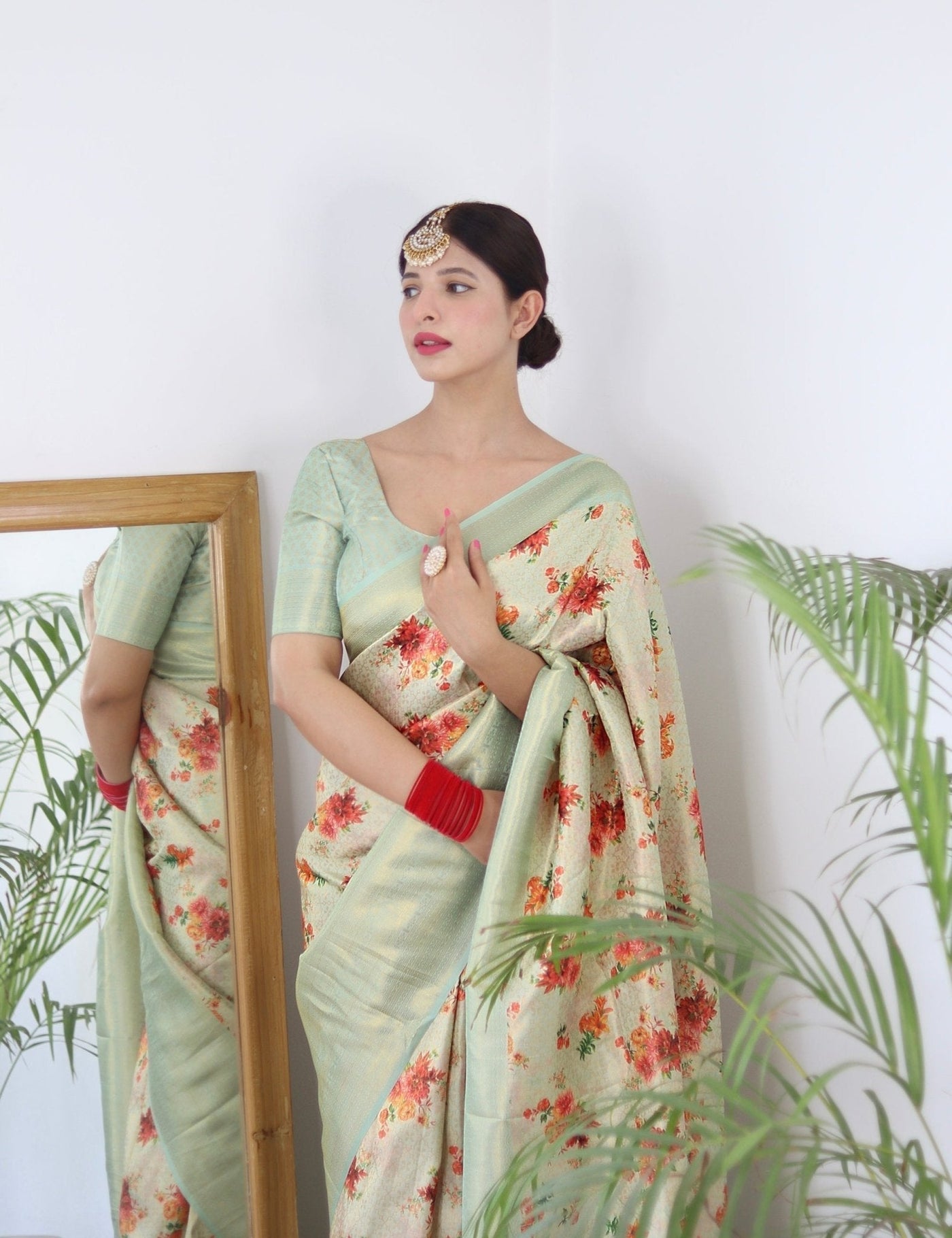 Digitally Printed Kuber Pattu Silk Saree, Exuding Regal Charm With Its Rich Pallu And Intricate Brocade Blouse, Elegantly Adorned With Enchanting Tassels On The Saree's Edge. - Almaari Fashion