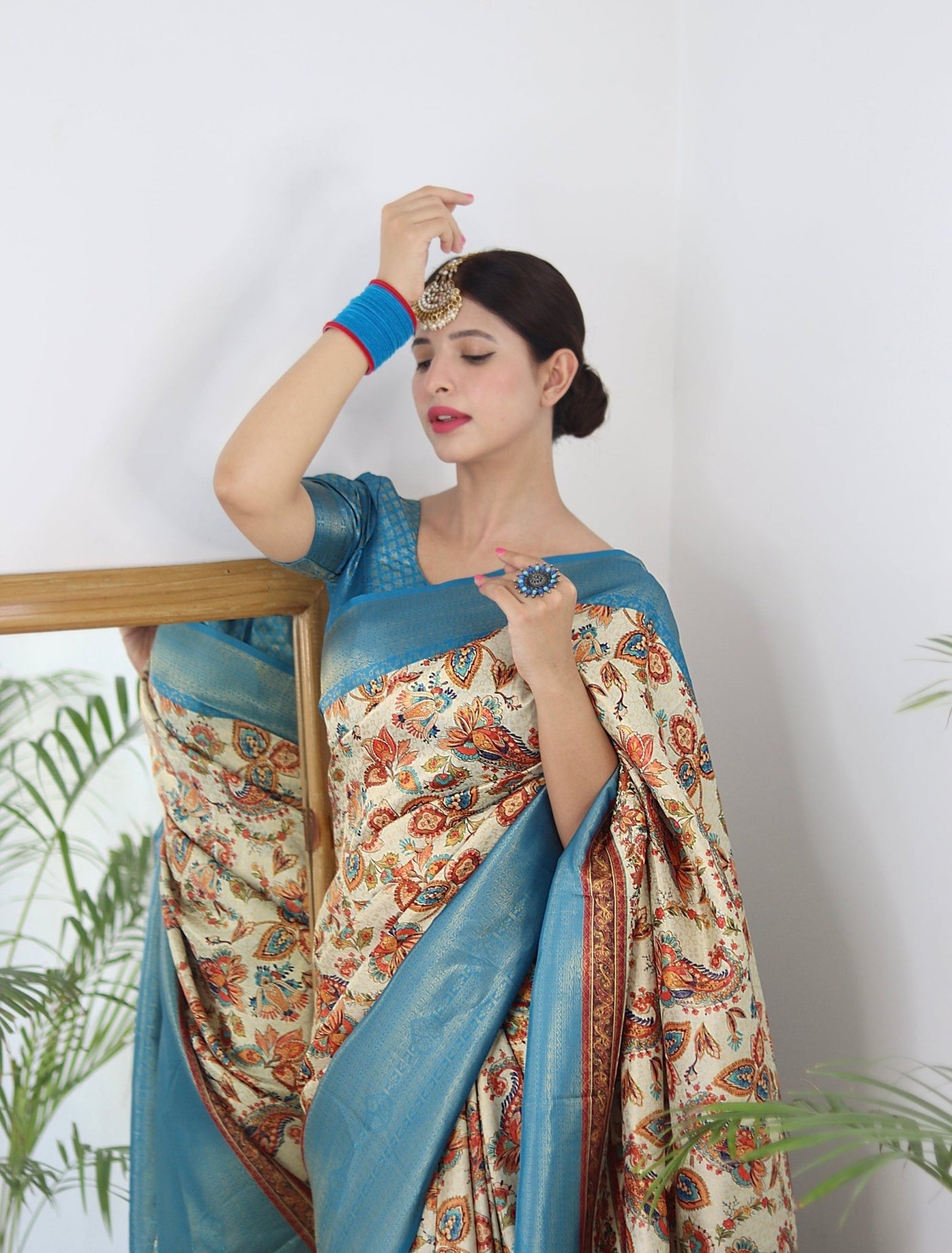 Digitally Printed Kuber Pattu Silk Saree, Exuding Regal Charm With Its Rich Pallu And Intricate Brocade Blouse, Elegantly Adorned With Enchanting Tassels On The Saree's Edge. - Almaari Fashion