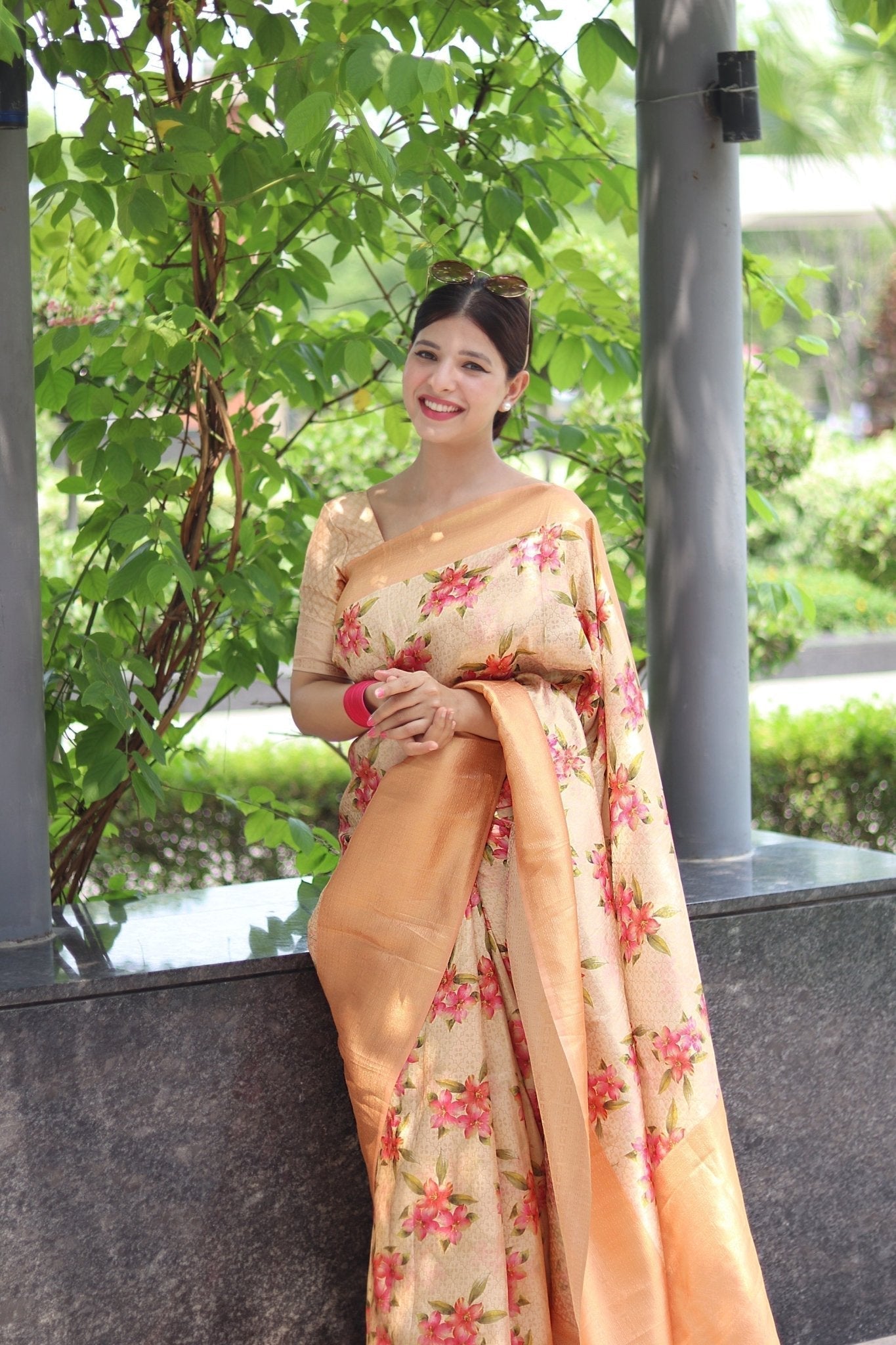 Digitally Printed Kuber Pattu Silk Saree, Exuding Regal Charm With Its Rich Pallu And Intricate Brocade Blouse, Elegantly Adorned With Enchanting Tassels On The Saree's Edge. - Almaari Fashion