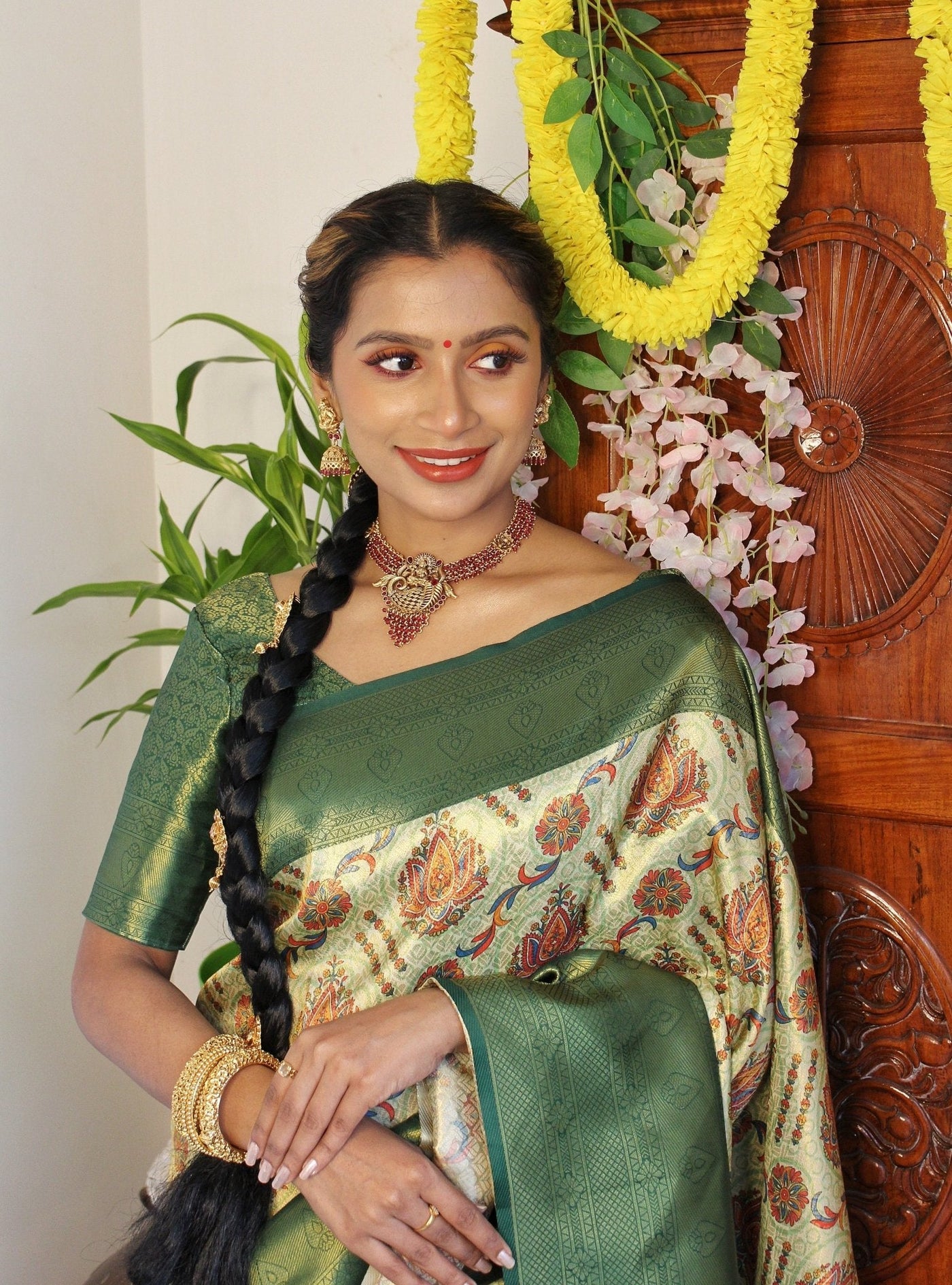 Digitally Printed Kuber Pattu Silk Saree, Exuding Regal Charm With Its Rich Pallu And Intricate Brocade Blouse, Elegantly Adorned With Enchanting Tassels On The Saree's Edge. - Almaari Fashion