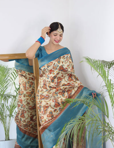 Digitally Printed Kuber Pattu Silk Saree, Exuding Regal Charm With Its Rich Pallu And Intricate Brocade Blouse, Elegantly Adorned With Enchanting Tassels On The Saree's Edge. - Almaari Fashion