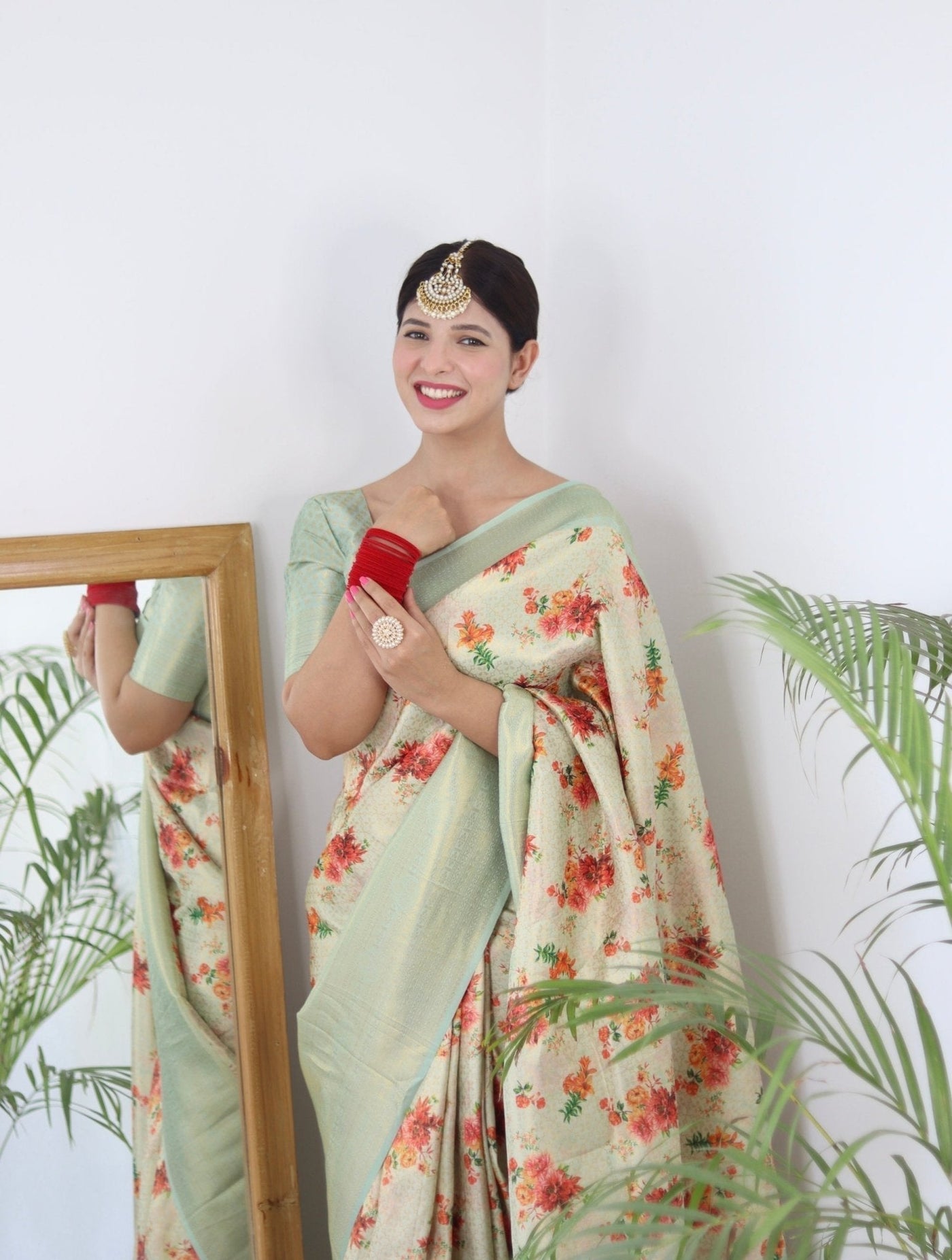 Digitally Printed Kuber Pattu Silk Saree, Exuding Regal Charm With Its Rich Pallu And Intricate Brocade Blouse, Elegantly Adorned With Enchanting Tassels On The Saree's Edge. - Almaari Fashion