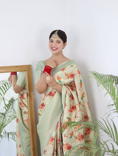 Digitally Printed Kuber Pattu Silk Saree, Exuding Regal Charm With Its Rich Pallu And Intricate Brocade Blouse, Elegantly Adorned With Enchanting Tassels On The Saree's Edge. - Almaari Fashion