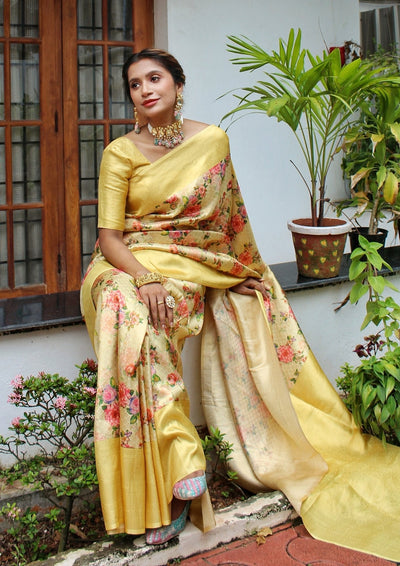 Digitally Printed Kuber Pattu Silk Saree, Exuding Regal Charm With Its Rich Pallu And Intricate Brocade Blouse, Elegantly Adorned With Enchanting Tassels On The Saree's Edge. - Almaari Fashion