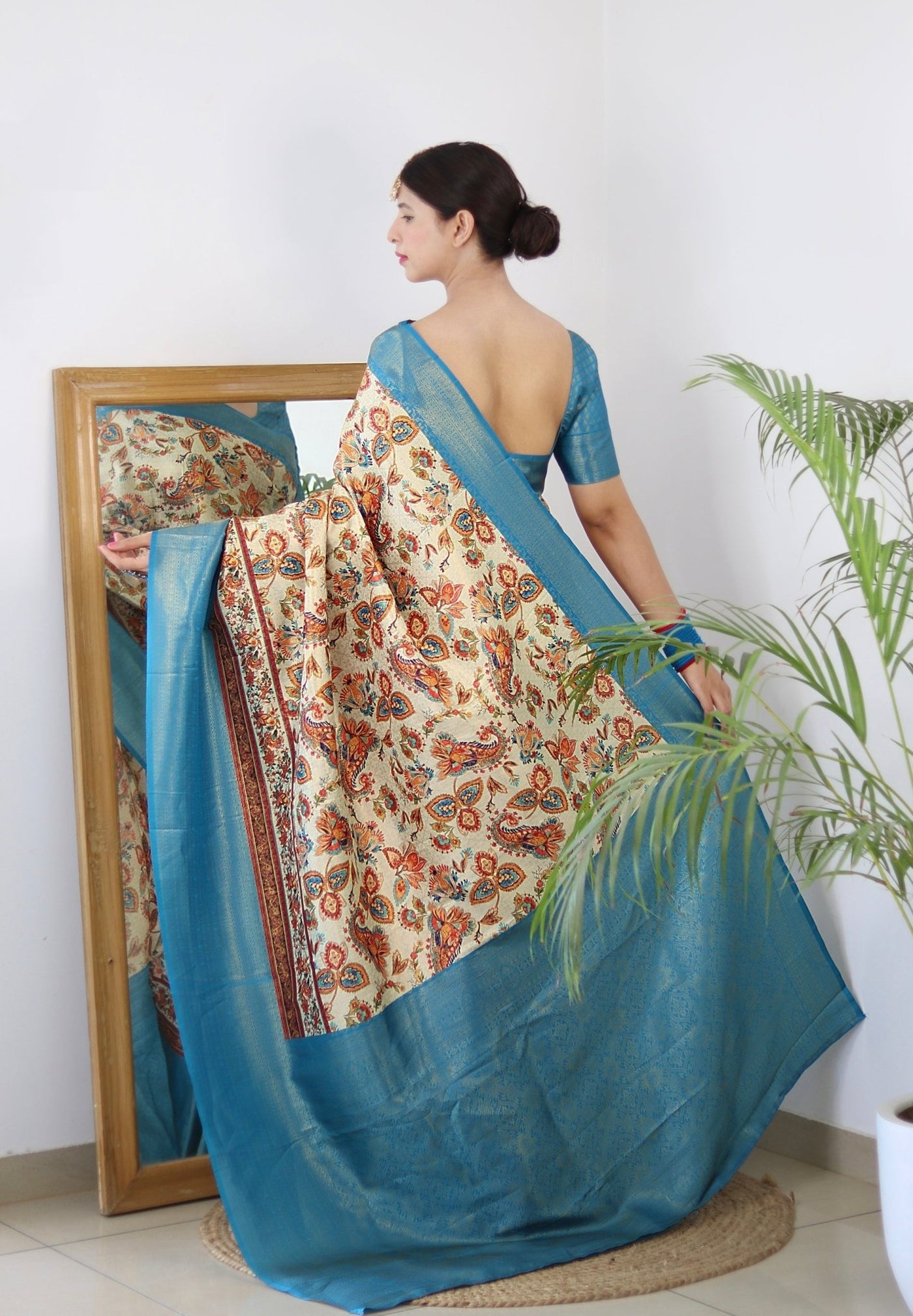 Digitally Printed Kuber Pattu Silk Saree, Exuding Regal Charm With Its Rich Pallu And Intricate Brocade Blouse, Elegantly Adorned With Enchanting Tassels On The Saree's Edge. - Almaari Fashion