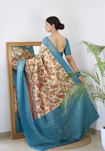 Digitally Printed Kuber Pattu Silk Saree, Exuding Regal Charm With Its Rich Pallu And Intricate Brocade Blouse, Elegantly Adorned With Enchanting Tassels On The Saree's Edge. - Almaari Fashion