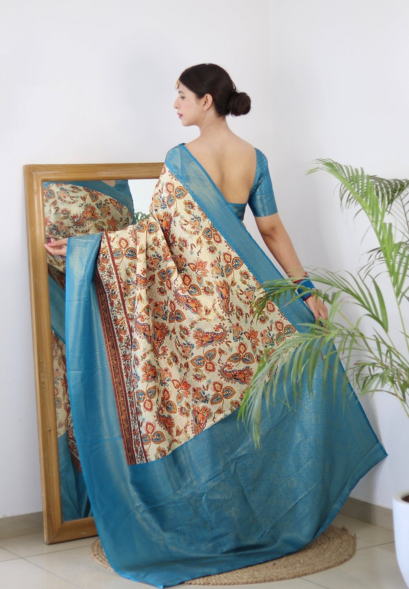 Digitally Printed Kuber Pattu Silk Saree, Exuding Regal Charm With Its Rich Pallu And Intricate Brocade Blouse, Elegantly Adorned With Enchanting Tassels On The Saree's Edge. - Almaari Fashion