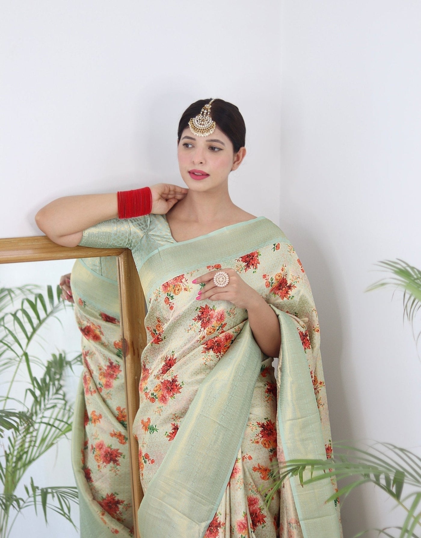 Digitally Printed Kuber Pattu Silk Saree, Exuding Regal Charm With Its Rich Pallu And Intricate Brocade Blouse, Elegantly Adorned With Enchanting Tassels On The Saree's Edge. - Almaari Fashion