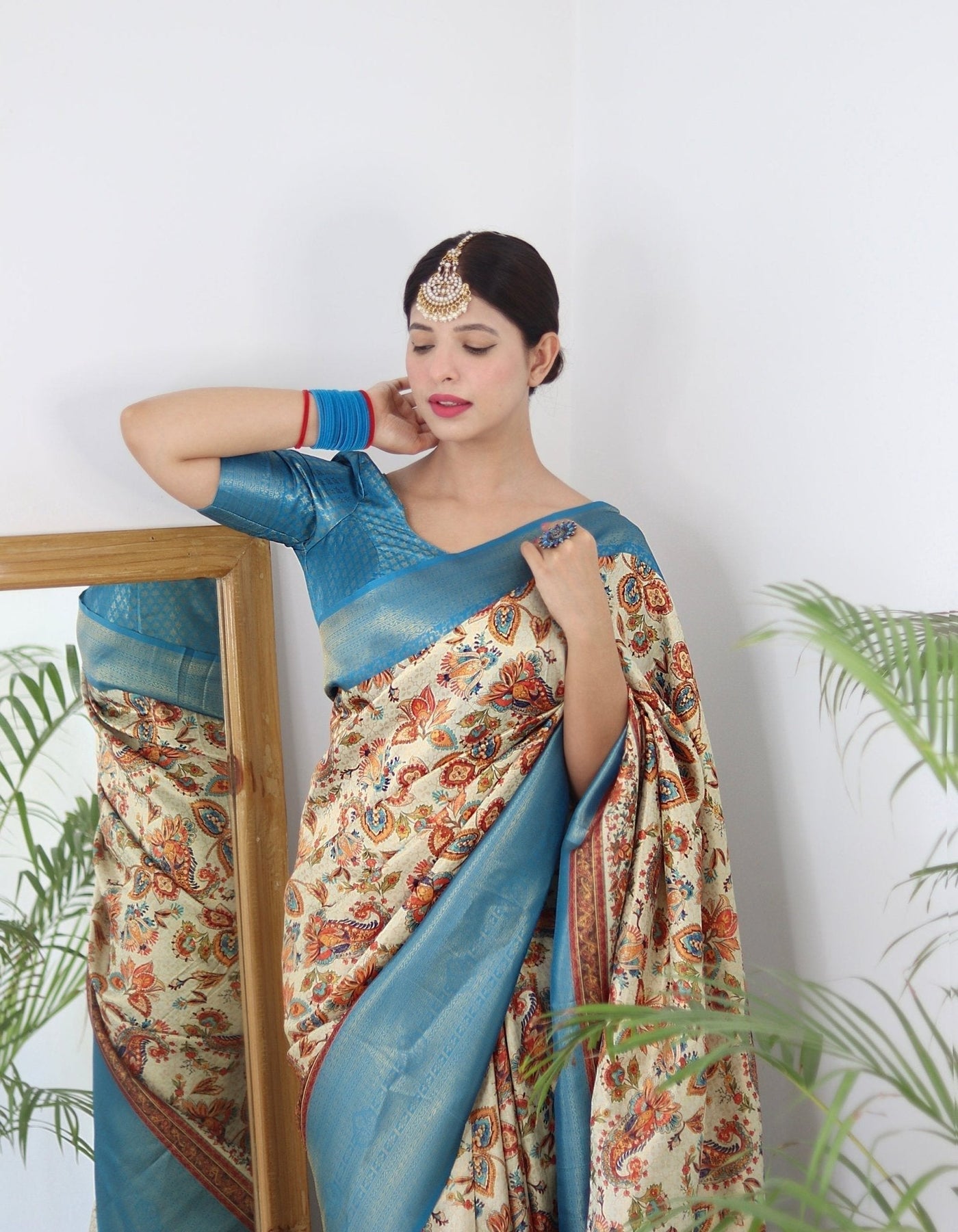 Digitally Printed Kuber Pattu Silk Saree, Exuding Regal Charm With Its Rich Pallu And Intricate Brocade Blouse, Elegantly Adorned With Enchanting Tassels On The Saree's Edge. - Almaari Fashion