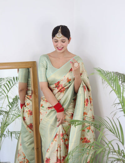 Digitally Printed Kuber Pattu Silk Saree, Exuding Regal Charm With Its Rich Pallu And Intricate Brocade Blouse, Elegantly Adorned With Enchanting Tassels On The Saree's Edge. - Almaari Fashion