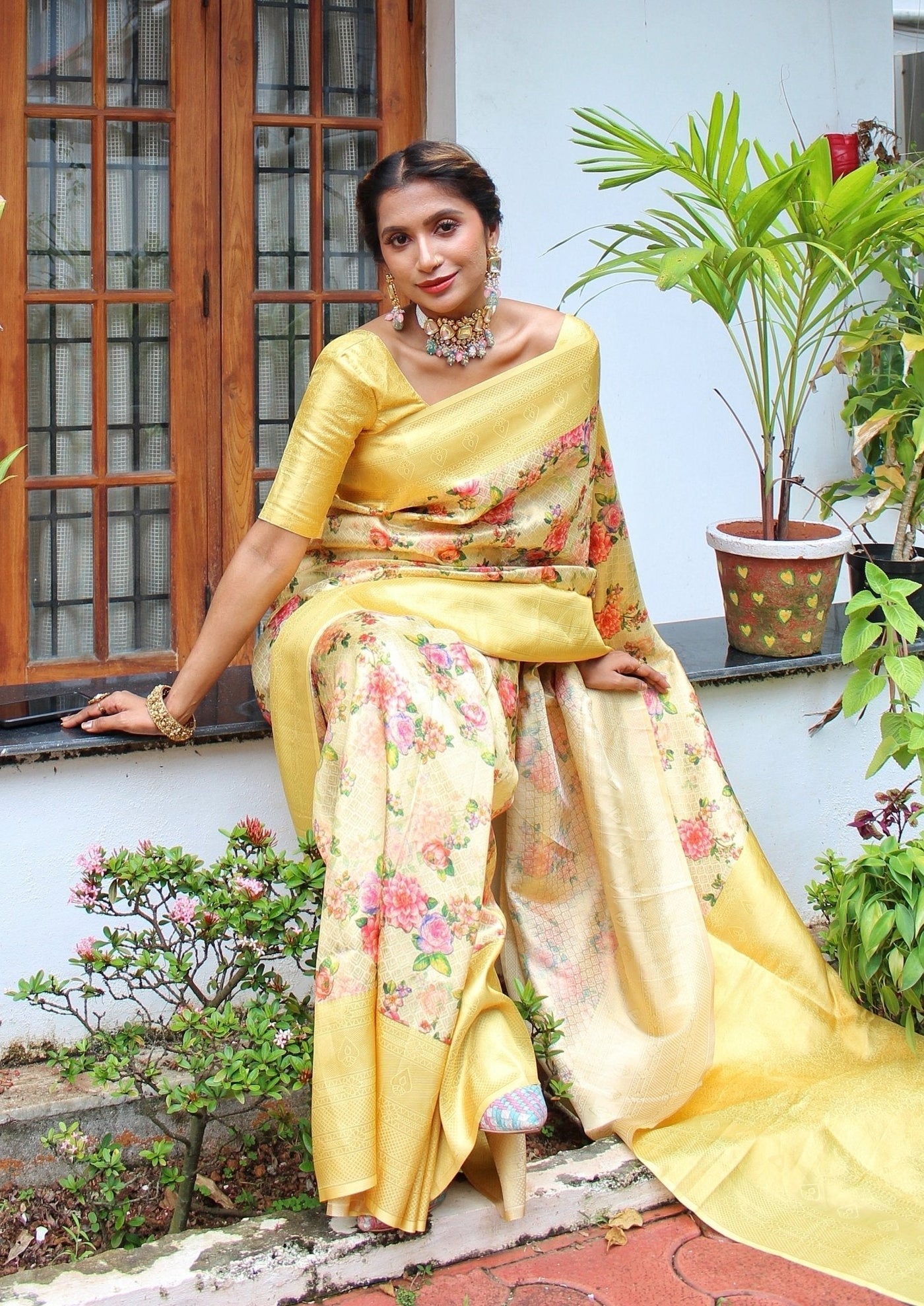 Digitally Printed Kuber Pattu Silk Saree, Exuding Regal Charm With Its Rich Pallu And Intricate Brocade Blouse, Elegantly Adorned With Enchanting Tassels On The Saree's Edge. - Almaari Fashion