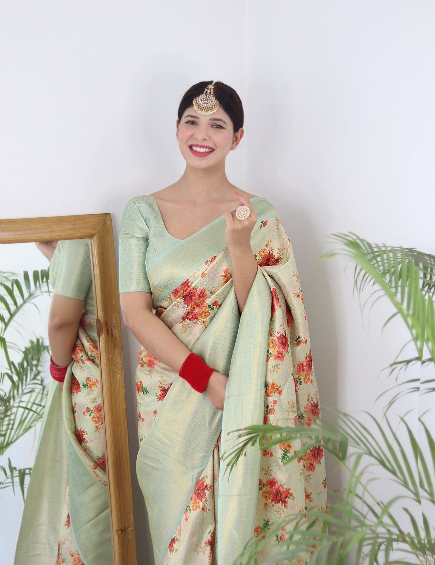 Digitally Printed Kuber Pattu Silk Saree, Exuding Regal Charm With Its Rich Pallu And Intricate Brocade Blouse, Elegantly Adorned With Enchanting Tassels On The Saree's Edge. - Almaari Fashion