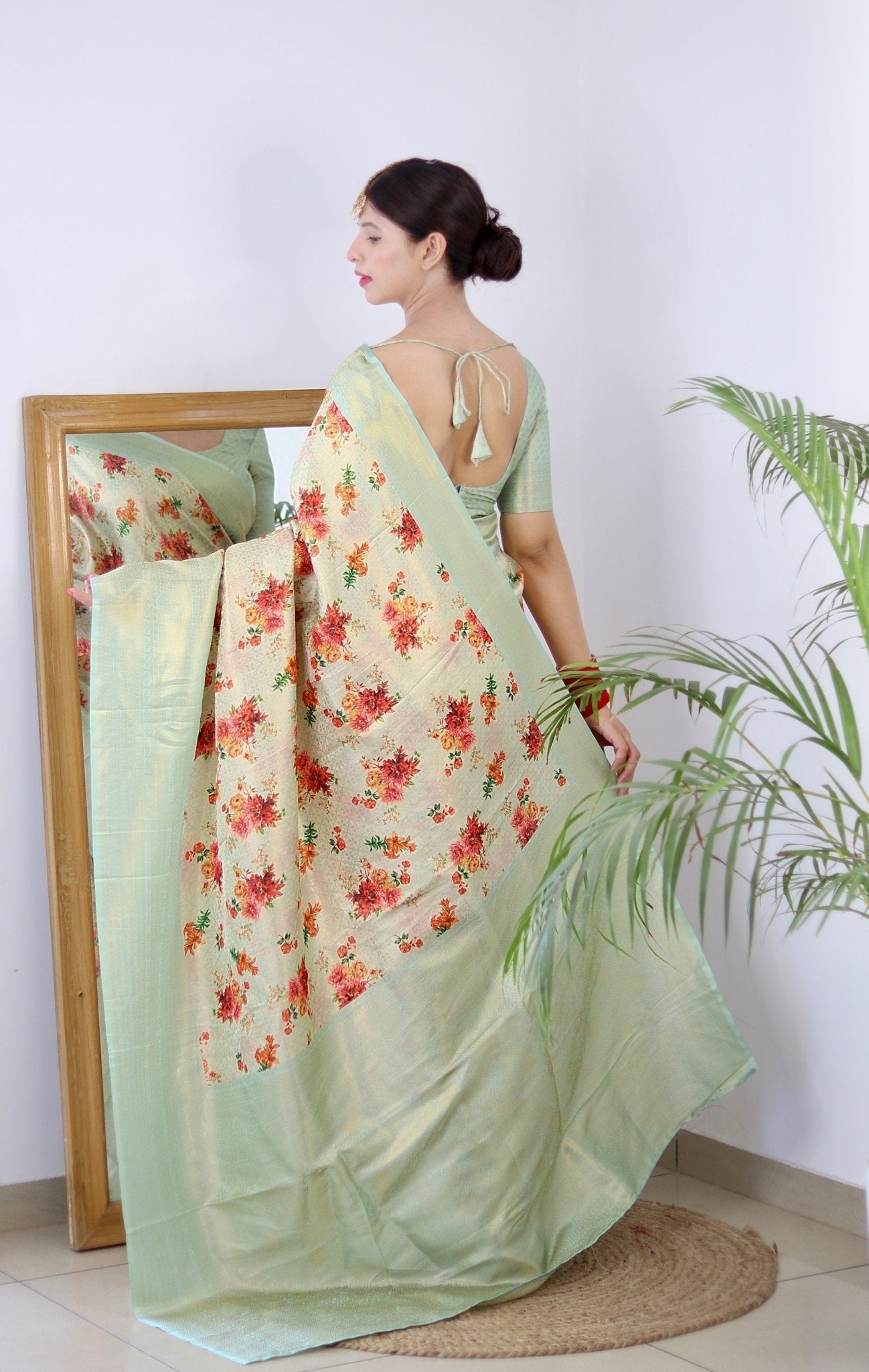 Digitally Printed Kuber Pattu Silk Saree, Exuding Regal Charm With Its Rich Pallu And Intricate Brocade Blouse, Elegantly Adorned With Enchanting Tassels On The Saree's Edge. - Almaari Fashion