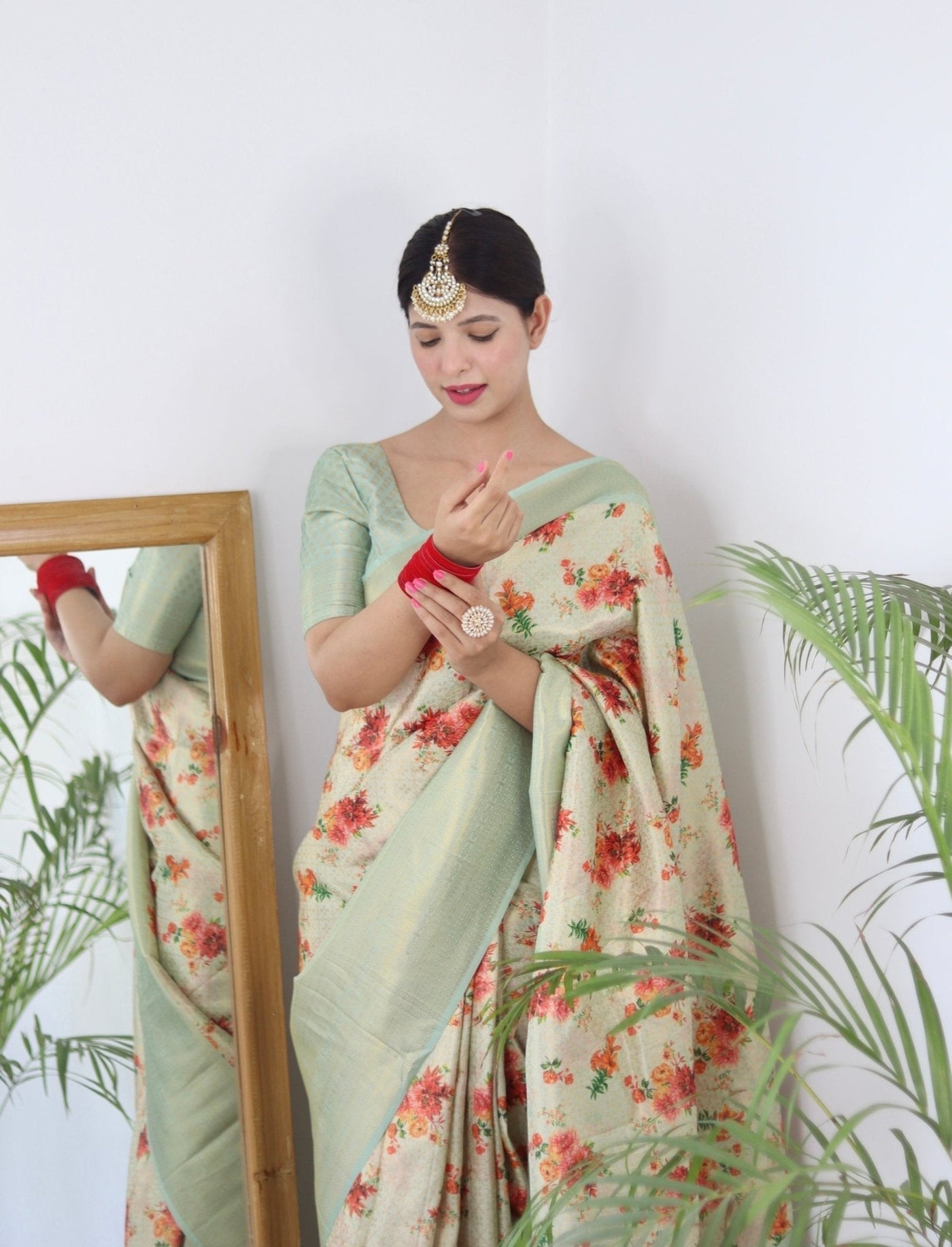 Digitally Printed Kuber Pattu Silk Saree, Exuding Regal Charm With Its Rich Pallu And Intricate Brocade Blouse, Elegantly Adorned With Enchanting Tassels On The Saree's Edge. - Almaari Fashion