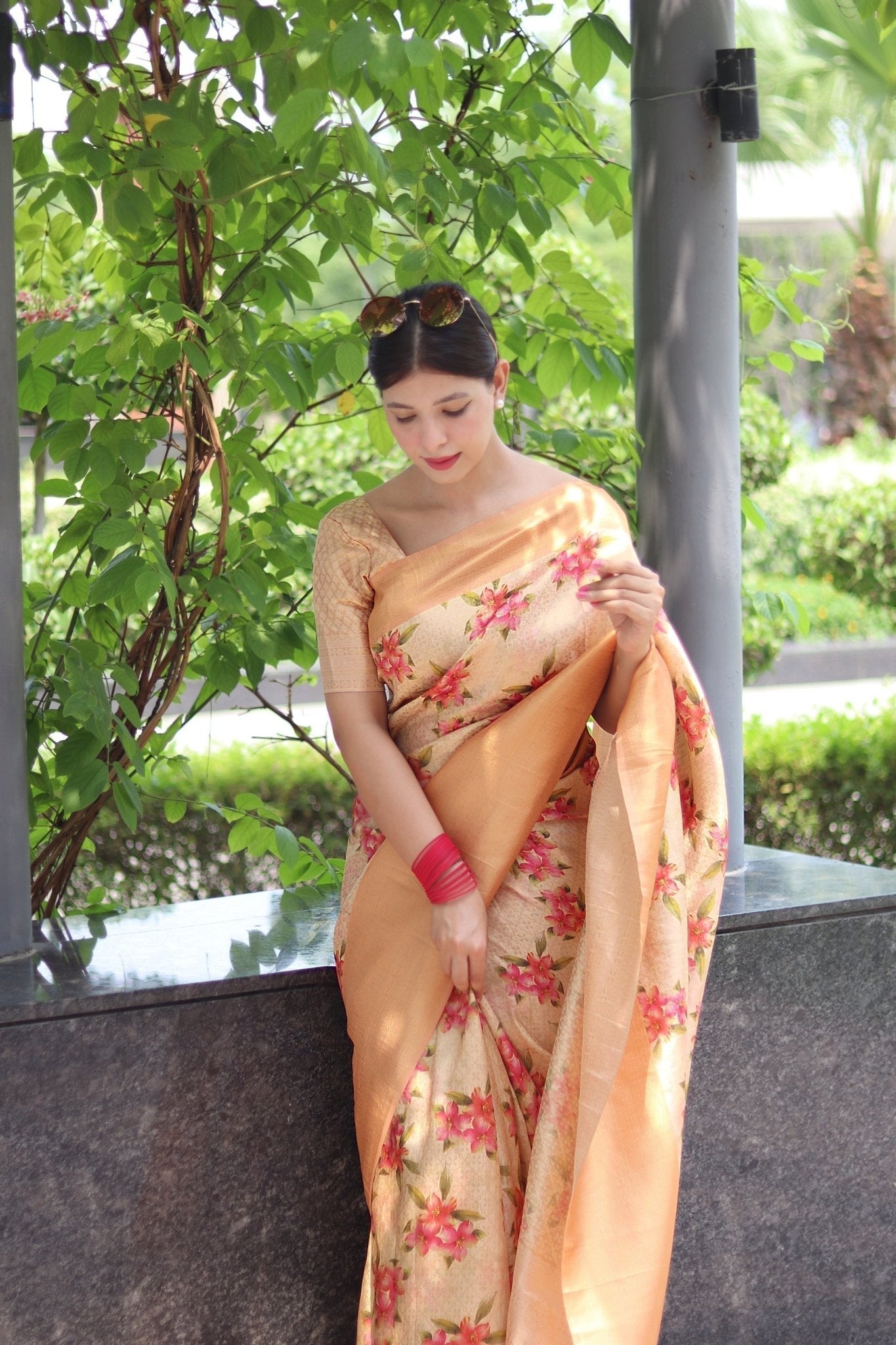 Digitally Printed Kuber Pattu Silk Saree, Exuding Regal Charm With Its Rich Pallu And Intricate Brocade Blouse, Elegantly Adorned With Enchanting Tassels On The Saree's Edge. - Almaari Fashion