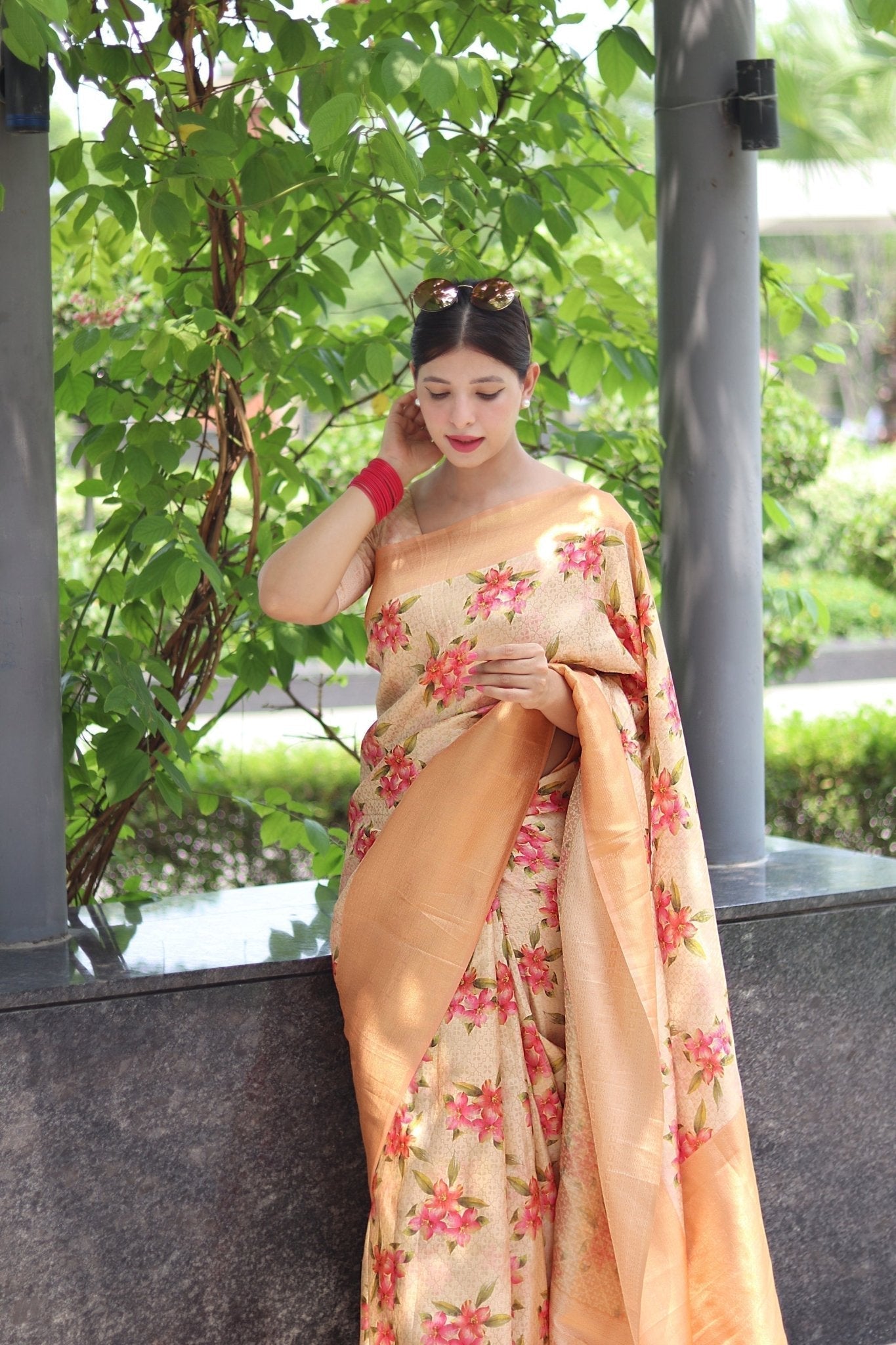 Digitally Printed Kuber Pattu Silk Saree, Exuding Regal Charm With Its Rich Pallu And Intricate Brocade Blouse, Elegantly Adorned With Enchanting Tassels On The Saree's Edge. - Almaari Fashion