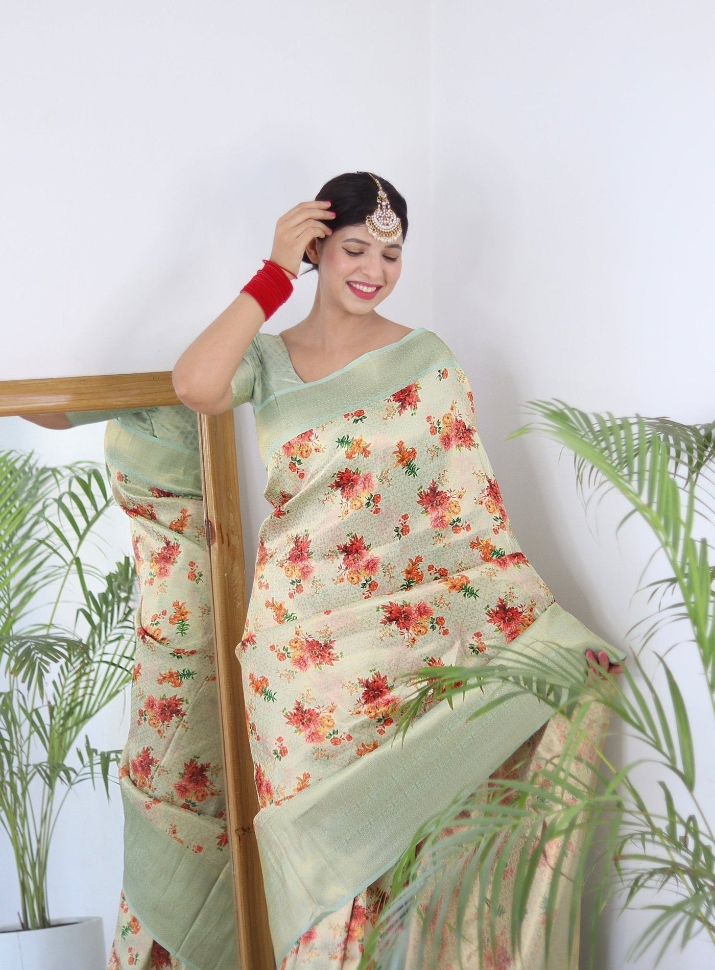 Digitally Printed Kuber Pattu Silk Saree, Exuding Regal Charm With Its Rich Pallu And Intricate Brocade Blouse, Elegantly Adorned With Enchanting Tassels On The Saree's Edge. - Almaari Fashion