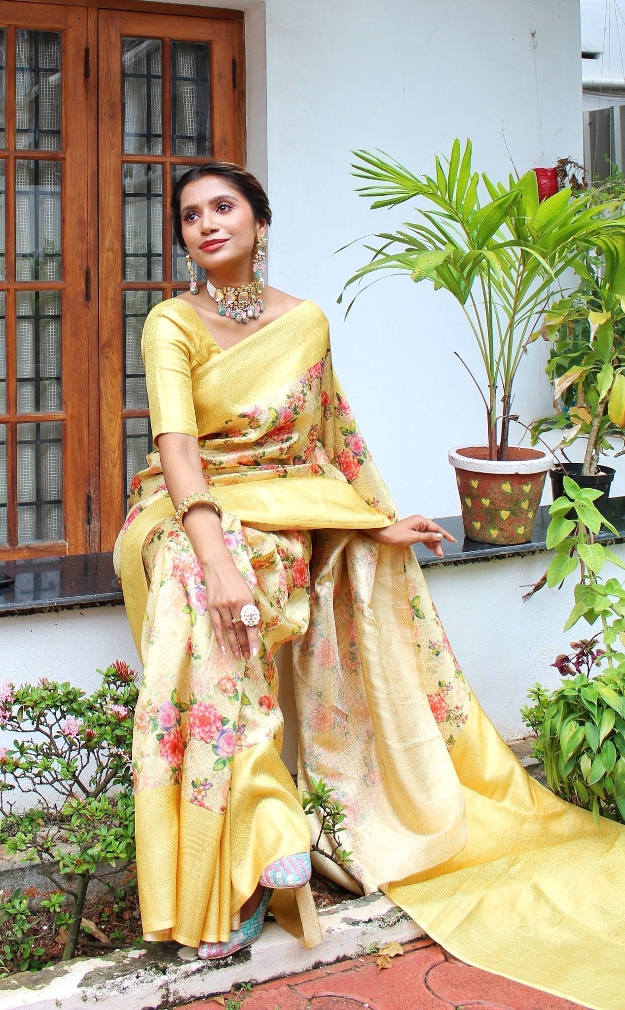 Digitally Printed Kuber Pattu Silk Saree, Exuding Regal Charm With Its Rich Pallu And Intricate Brocade Blouse, Elegantly Adorned With Enchanting Tassels On The Saree's Edge. - Almaari Fashion