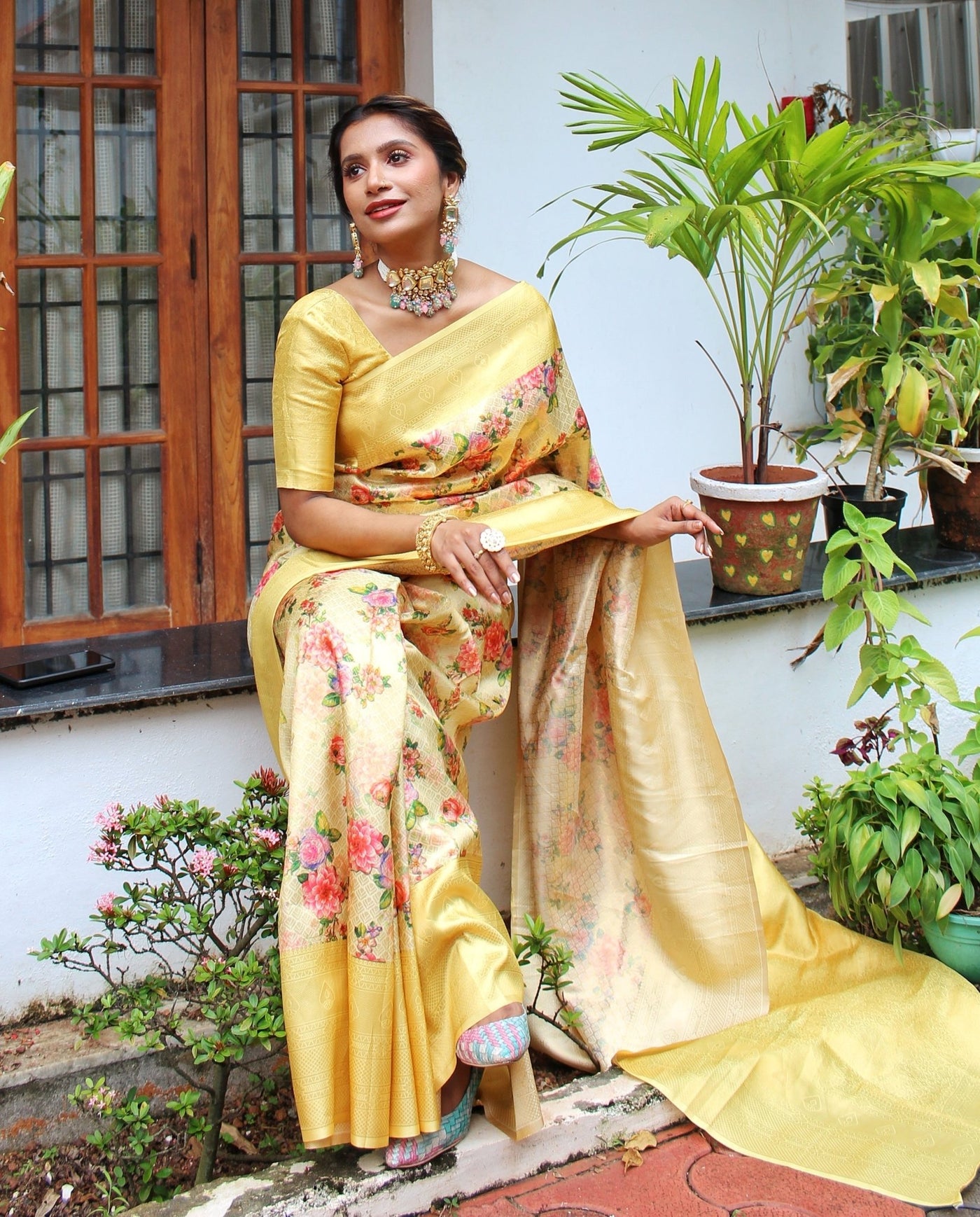 Digitally Printed Kuber Pattu Silk Saree, Exuding Regal Charm With Its Rich Pallu And Intricate Brocade Blouse, Elegantly Adorned With Enchanting Tassels On The Saree's Edge. - Almaari Fashion