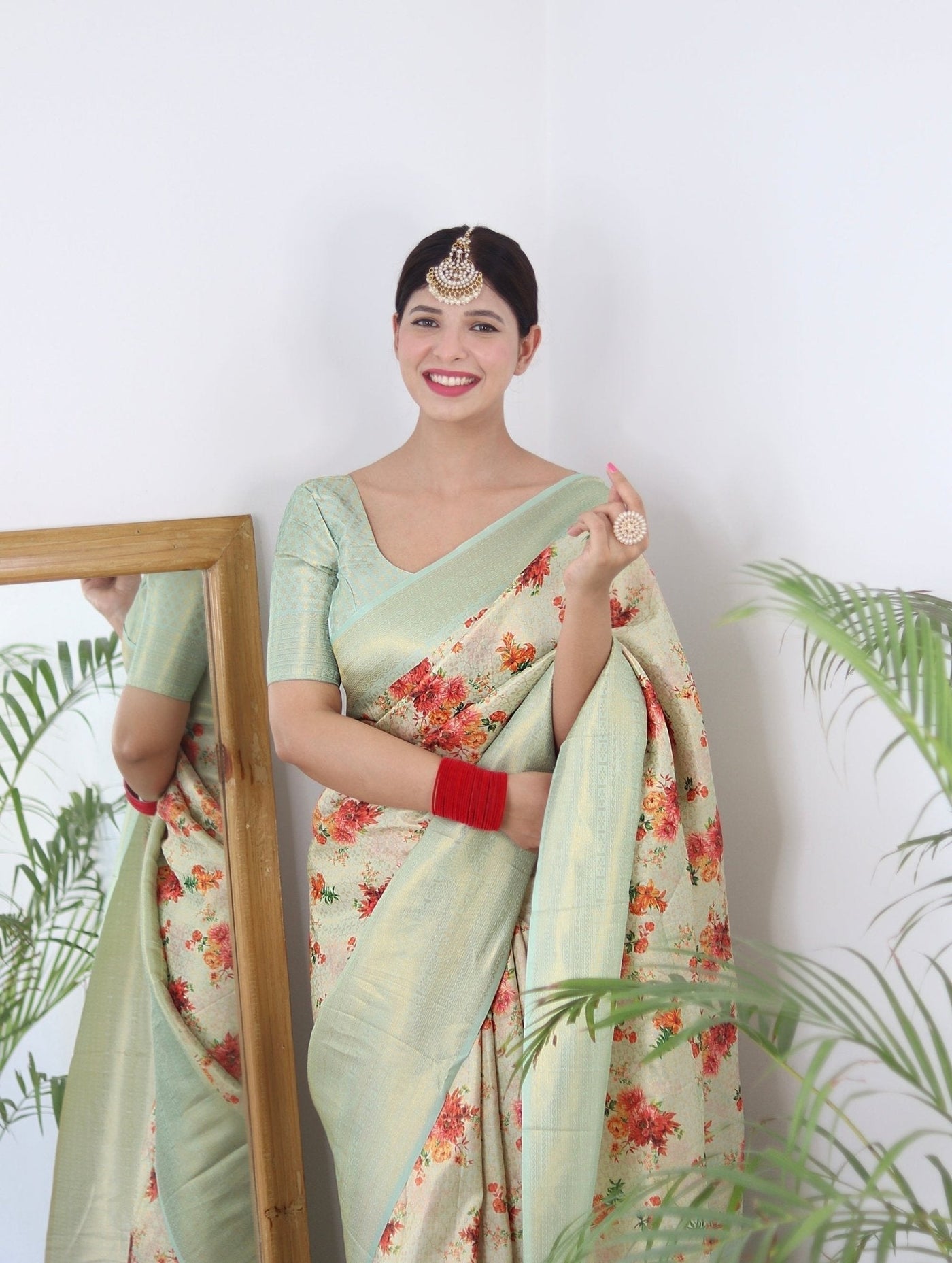 Digitally Printed Kuber Pattu Silk Saree, Exuding Regal Charm With Its Rich Pallu And Intricate Brocade Blouse, Elegantly Adorned With Enchanting Tassels On The Saree's Edge. - Almaari Fashion