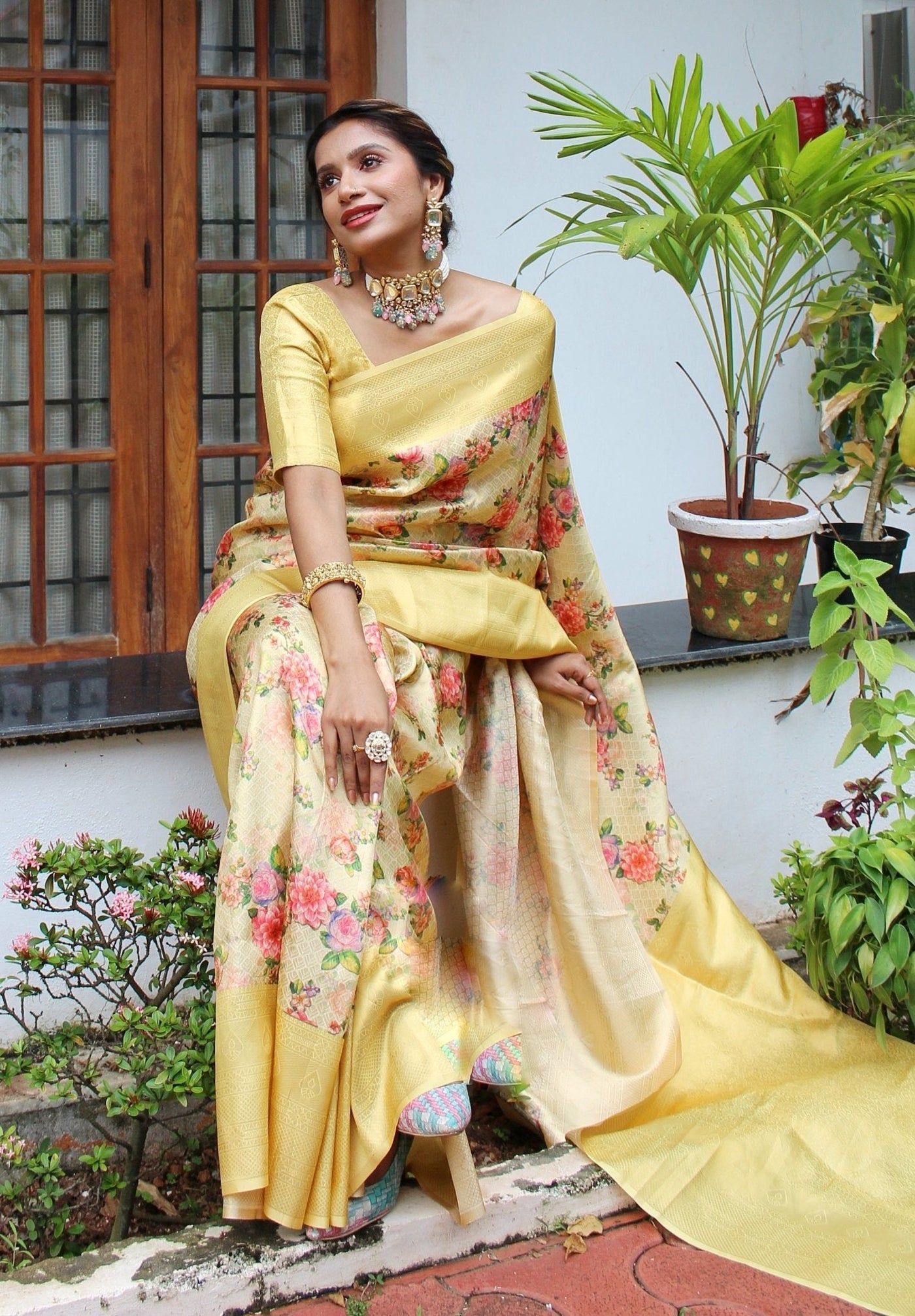 Digitally Printed Kuber Pattu Silk Saree, Exuding Regal Charm With Its Rich Pallu And Intricate Brocade Blouse, Elegantly Adorned With Enchanting Tassels On The Saree's Edge. - Almaari Fashion