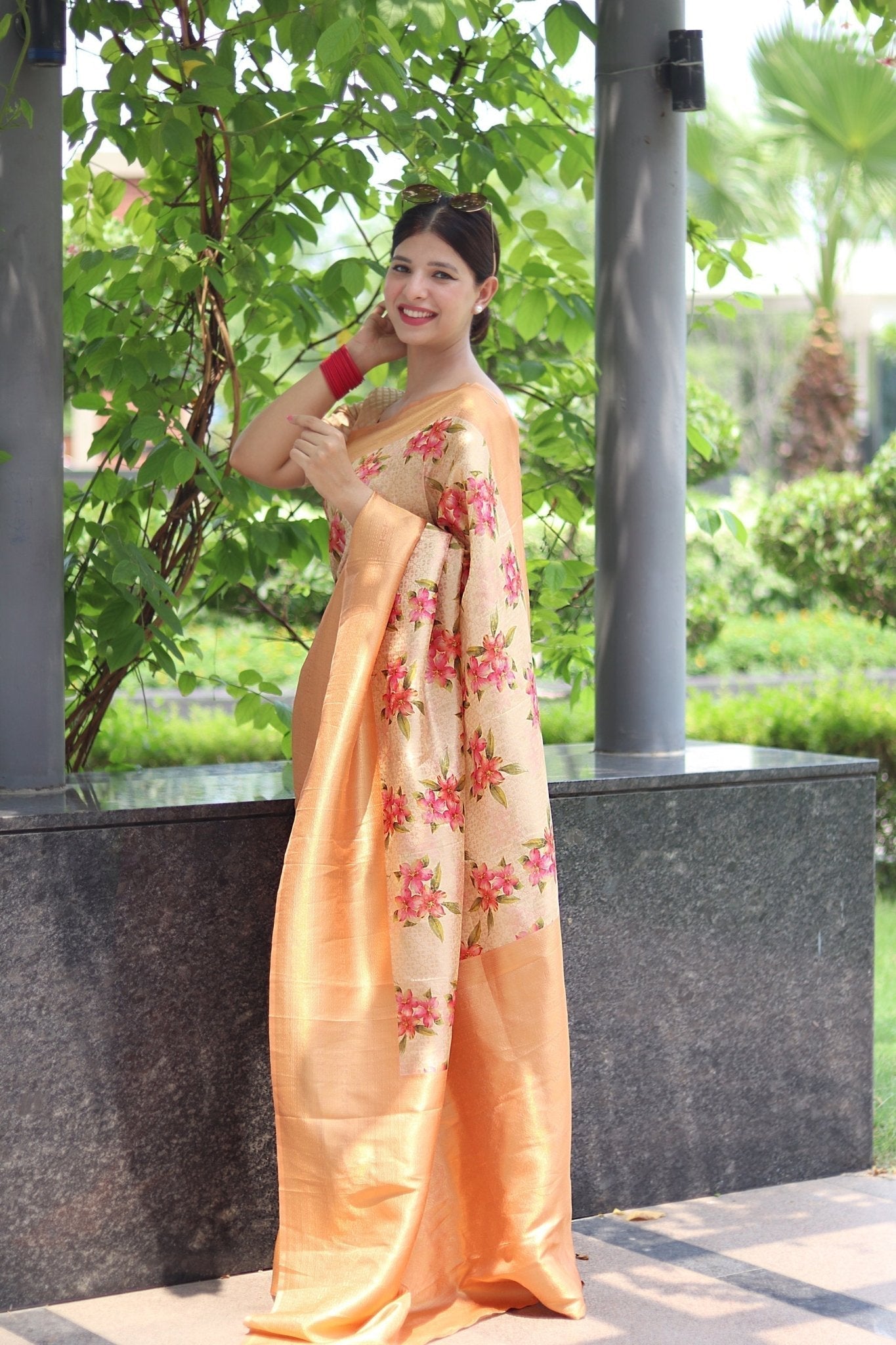 Digitally Printed Kuber Pattu Silk Saree, Exuding Regal Charm With Its Rich Pallu And Intricate Brocade Blouse, Elegantly Adorned With Enchanting Tassels On The Saree's Edge. - Almaari Fashion